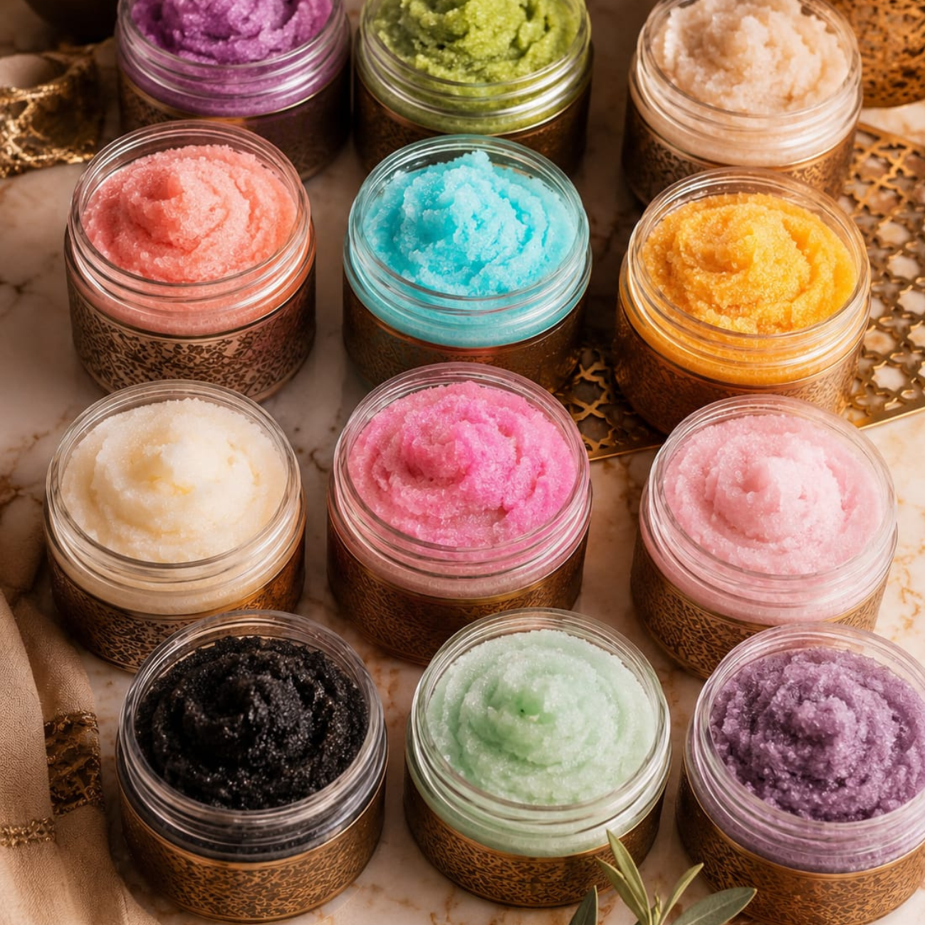 Colorful handmade body scrubs in glass jars from Levantine Botanica