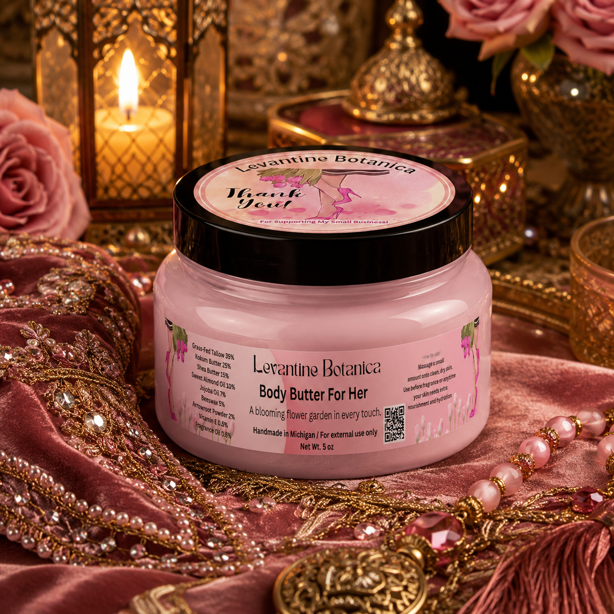 Jar of Levantine Botanica body butter for her on a decorative background with flowers and jewelry.
