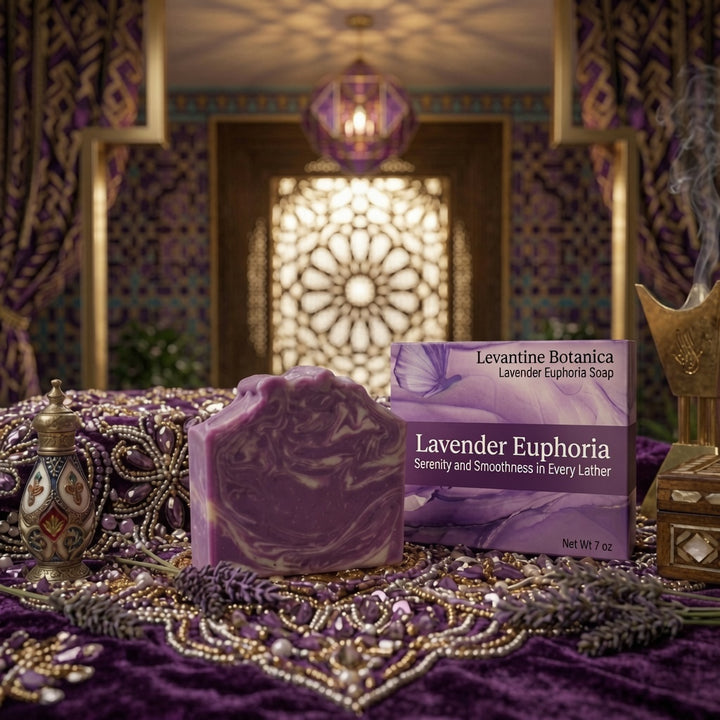 Levantine Botanica Lavender Euphoria handmade aromatherapy soap bar topped with dried lavender buds