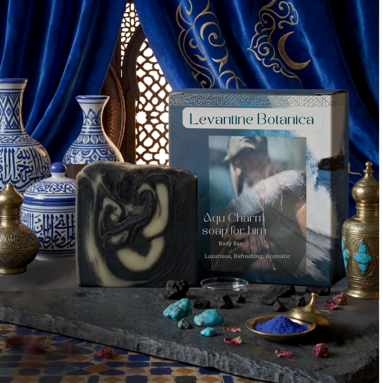 Aqua Charm activated charcoal soap bar for men by Levantine Botanica