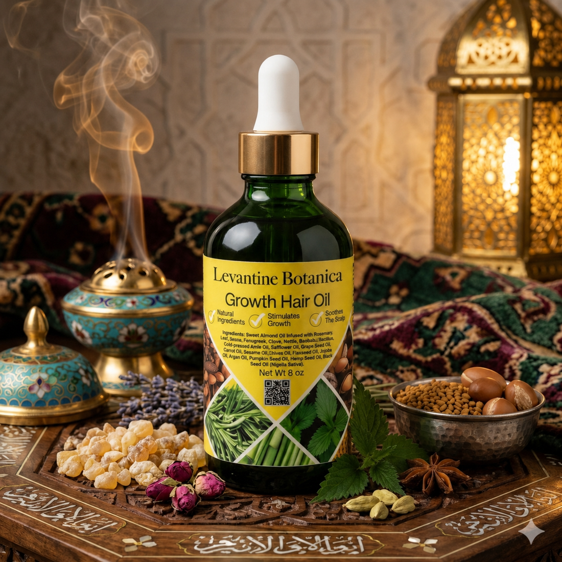 Levantine Botanica herbal infused hair oil with rosemary, amla, and black seed for all hair types.