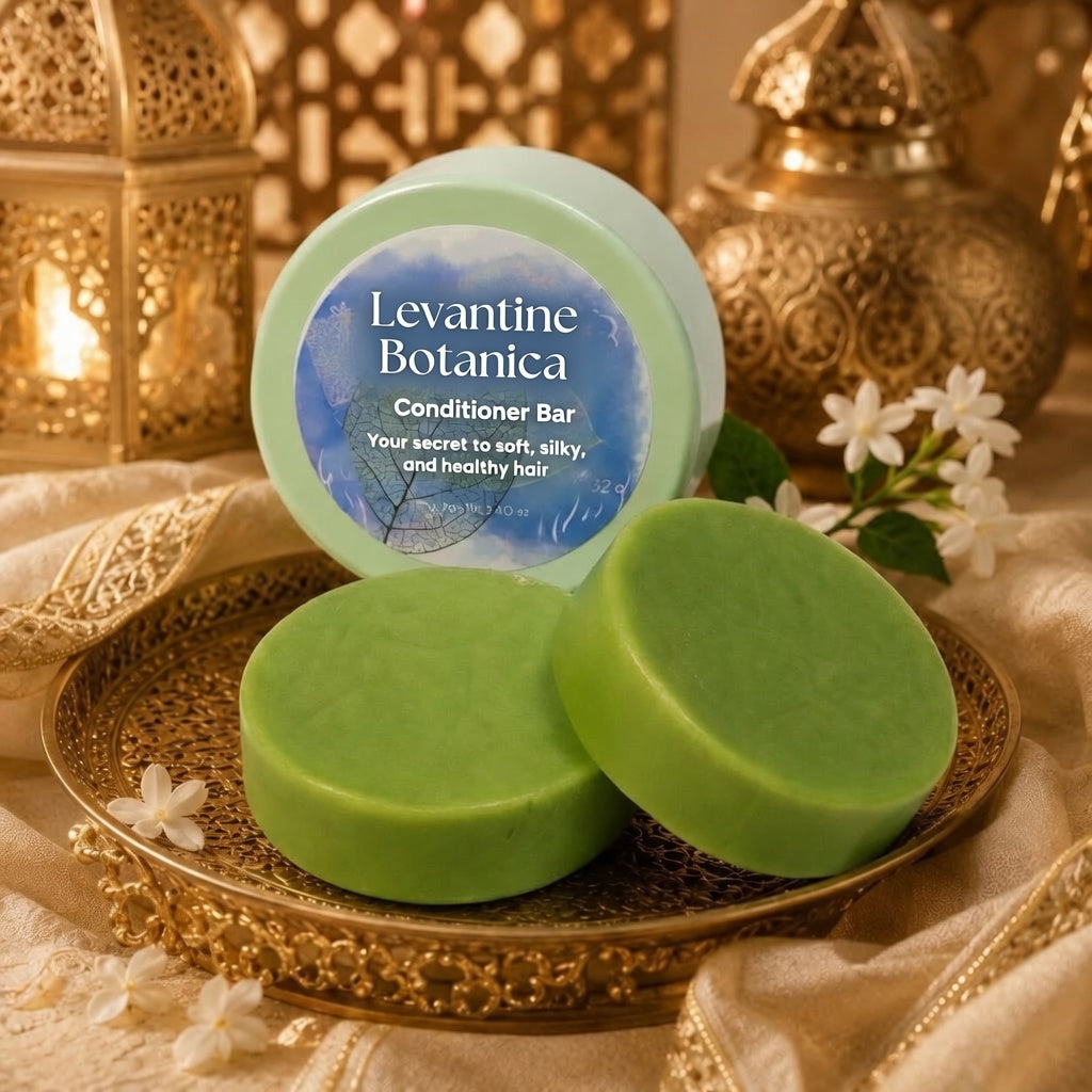 Levantine Botanica green solid conditioner bar, plastic-free, for soft and silky hair.