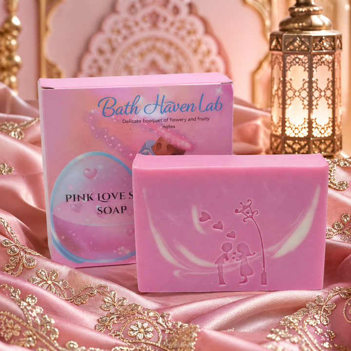 Love Spell pink handmade soap bar with embossed design by Levantine Botanica