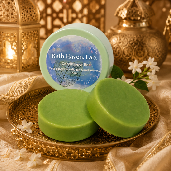 Bath Haven Lab green conditioner bars styled in a warm oriental luxury product scene.